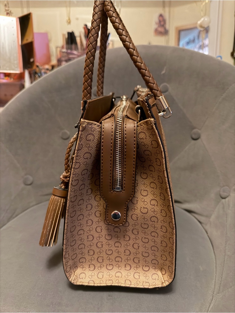 GUESS Brown Signature Satchel with Braided Handles and Tassel - Picture 4 of 5